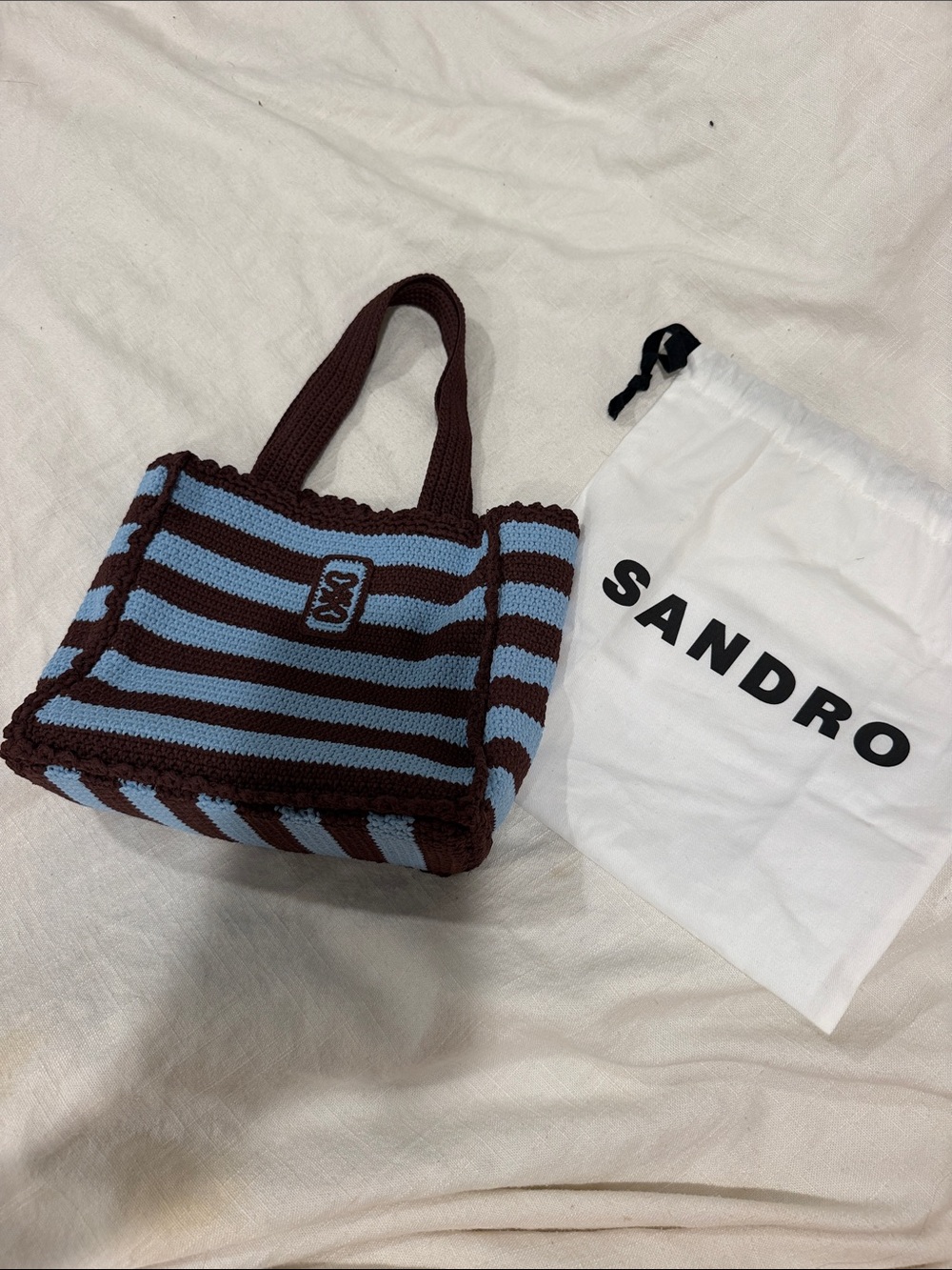 Sandro Brown and Light Blue Striped Knit Tote